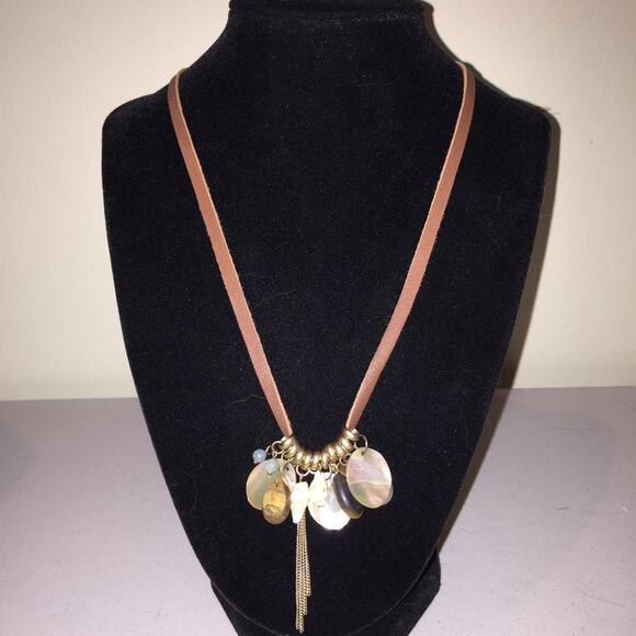 Vintage Kenneth Cole Boho River Rock Seashell Brown Leather Cord Necklace - Picture 2 of 3